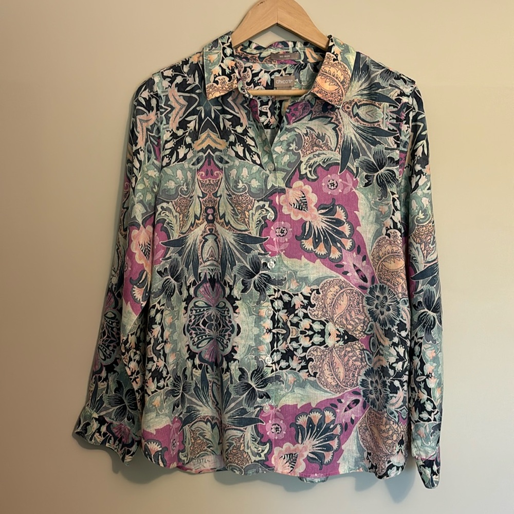 Colorful Chico’s Linen Button Down Blouse Top Size 2 12 14